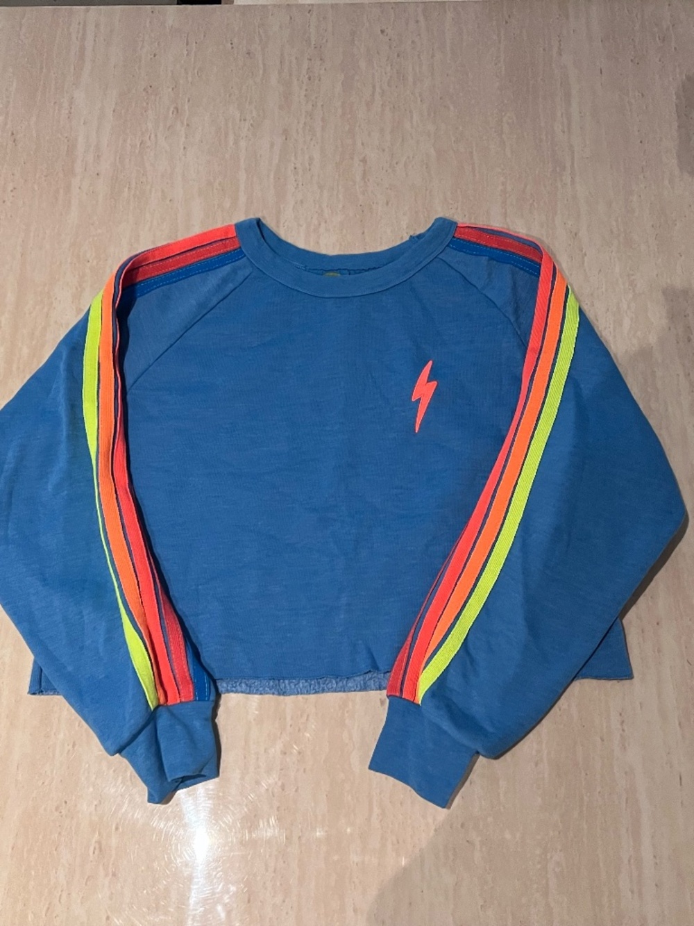 Aviator Nation Blue Turquoise Stripe Sleeves Crop Sweatshirt Excellent Condition